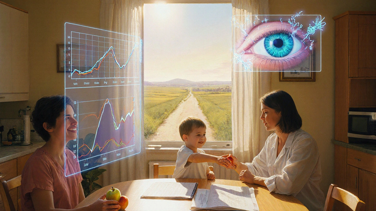A family at a sunlit table with medical charts, a child reaching for fruit as translucent images of healthy eyes and muscles float above them.