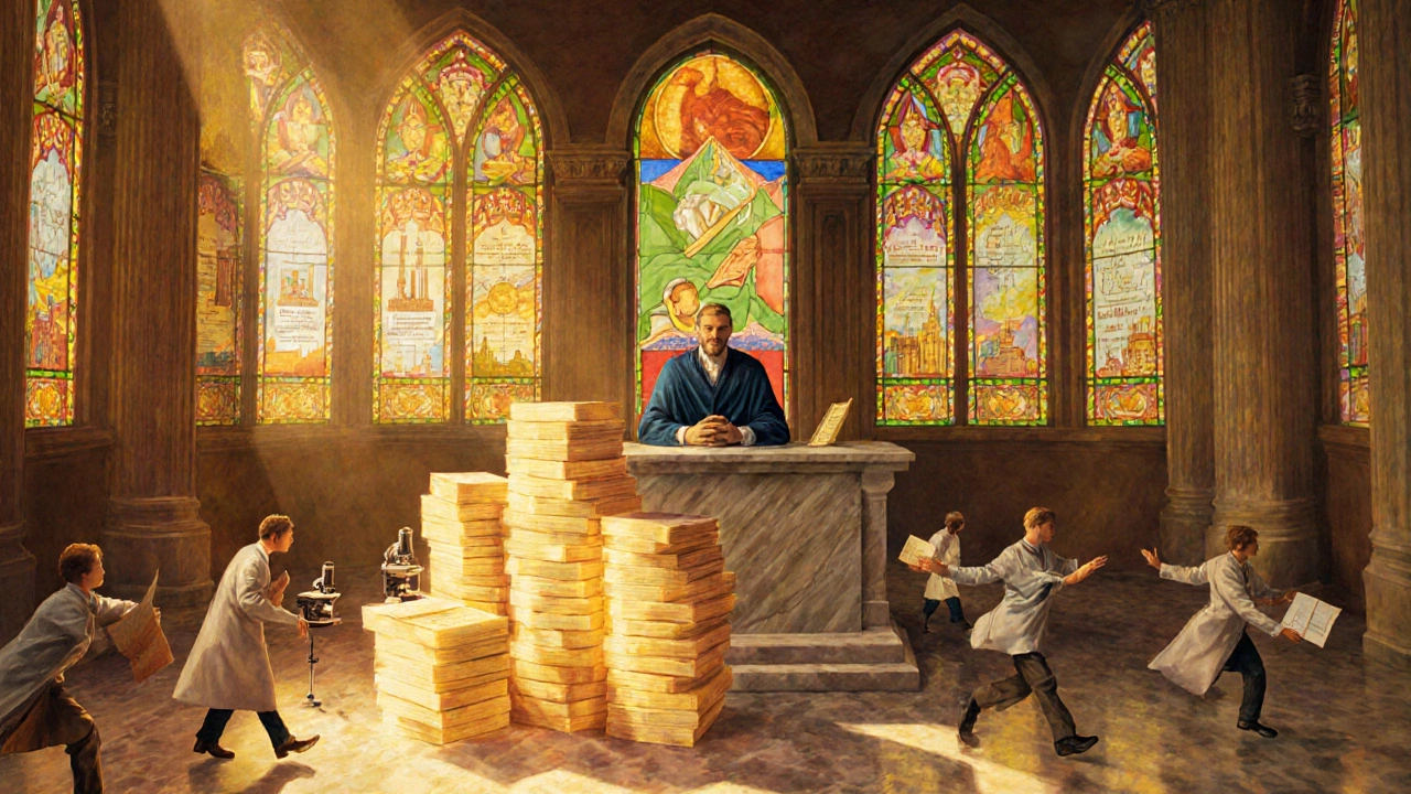 A majestic FDA figure reviewing simple and complex drug applications under celestial golden light.