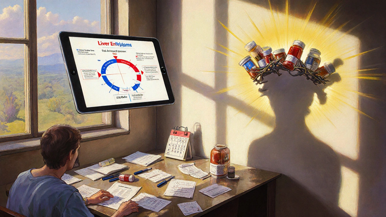 A patient at a clinic surrounded by pills and blood tests, with a glowing enzyme pathway and pill-shaped thorns in their shadow.