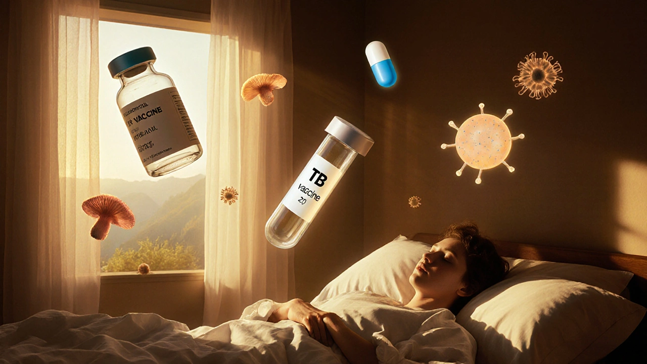 A patient in a sunlit room with floating medical symbols, while shadowy infections creep at the edges.