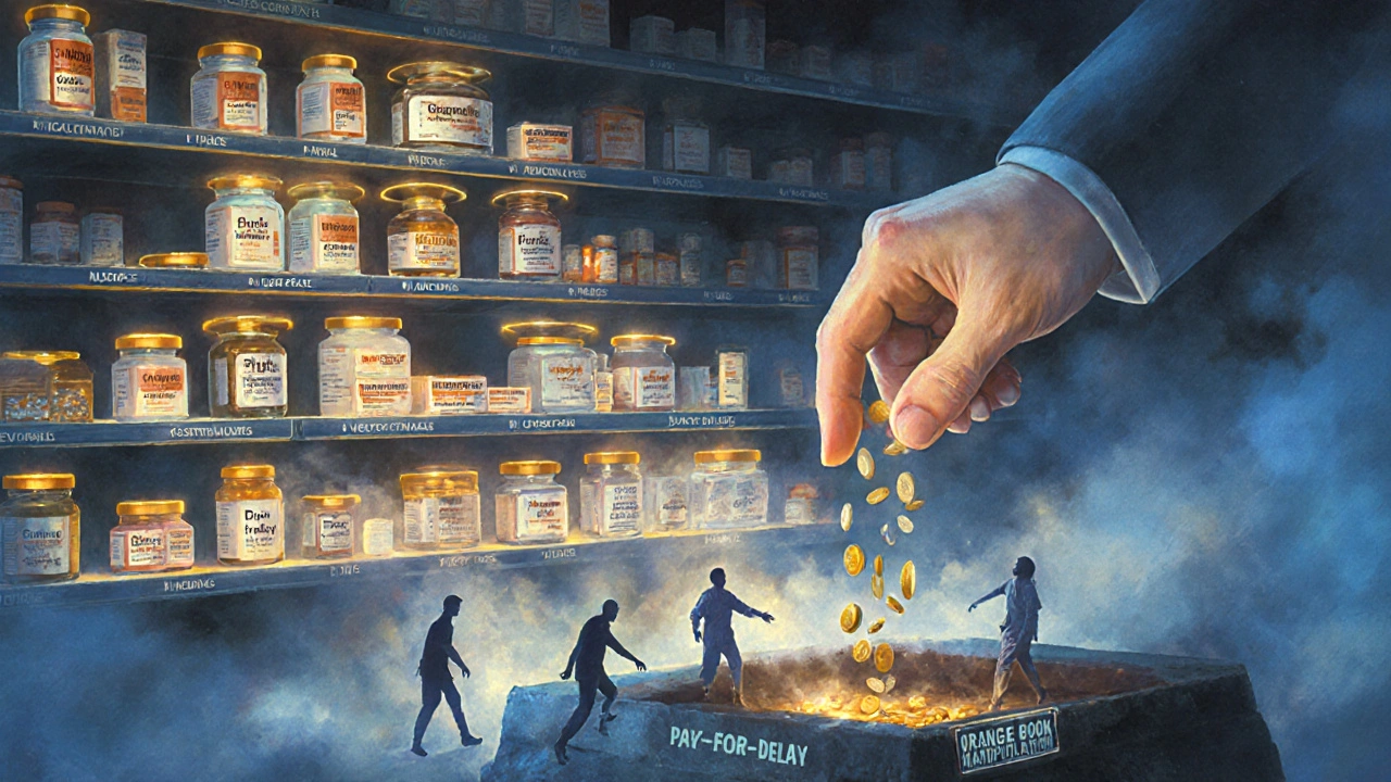 A pharmacy shelf with glowing branded drugs and shadowed generics, patients reaching out as a hand drops coins into a pit of patents.