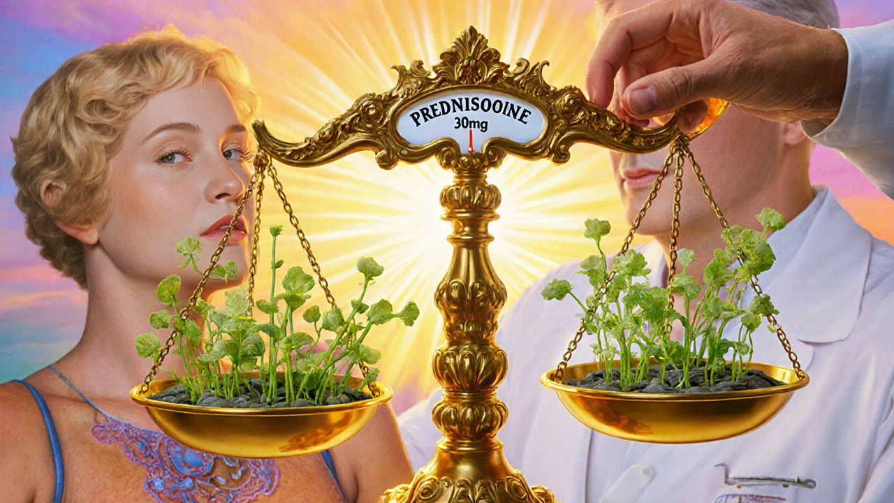 A physician lowering a prednisone scale as healing vines emerge, bathed in golden sunrise light.