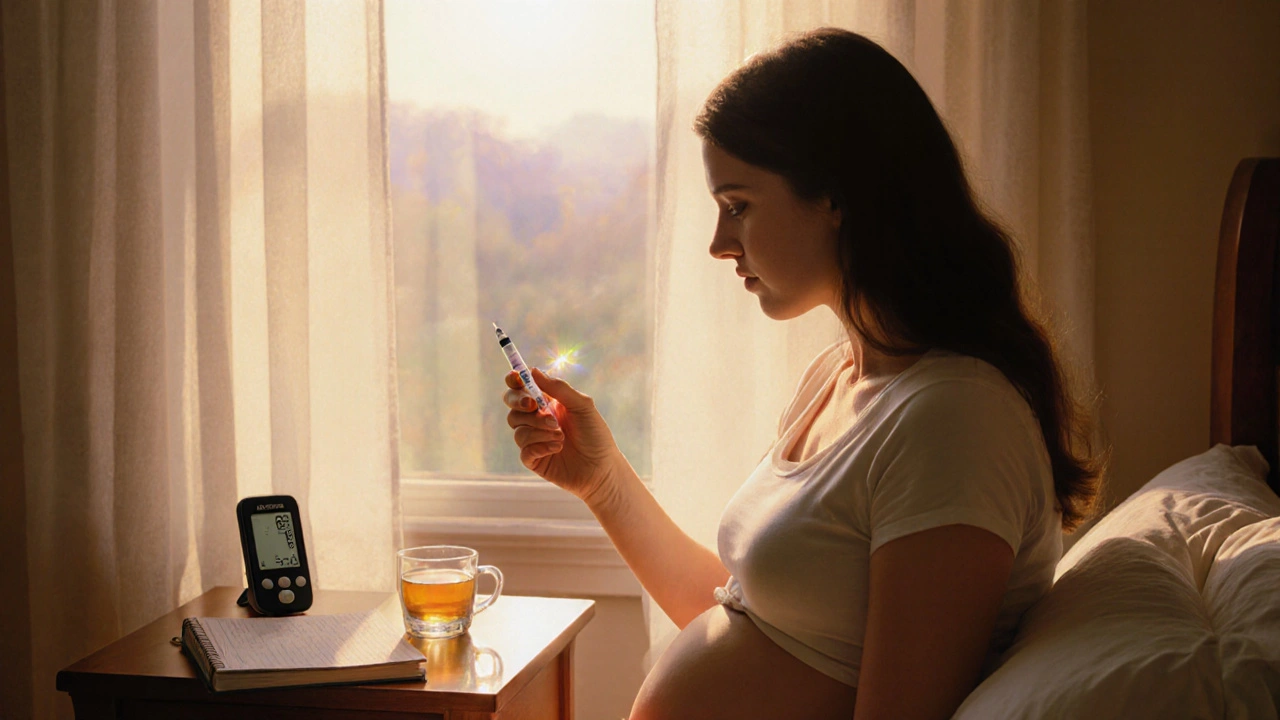 A pregnant woman calmly administering insulin at dawn, with a glucose monitor and journal nearby.