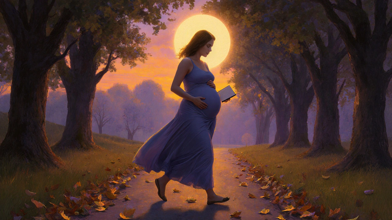 A pregnant woman walking peacefully at twilight along a tree-lined path, symbolizing post-meal exercise.