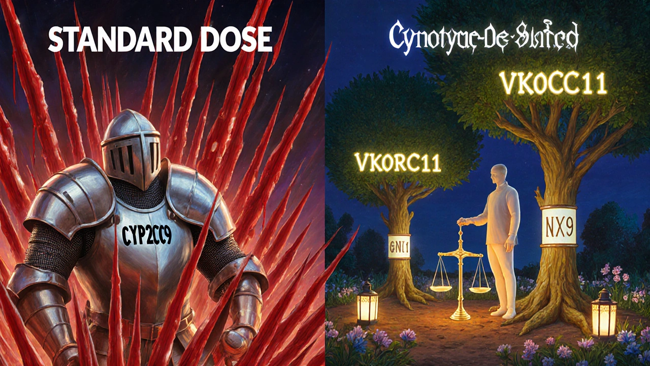 A symbolic garden battlefield showing safe vs. dangerous warfarin dosing with glowing gene trees and balanced scales.