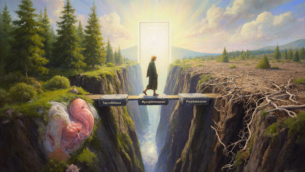 A walker on a path of drug tablets, one side healthy organs, the other decay, with a distant door labeled &#039;Immune Tolerance&#039;.