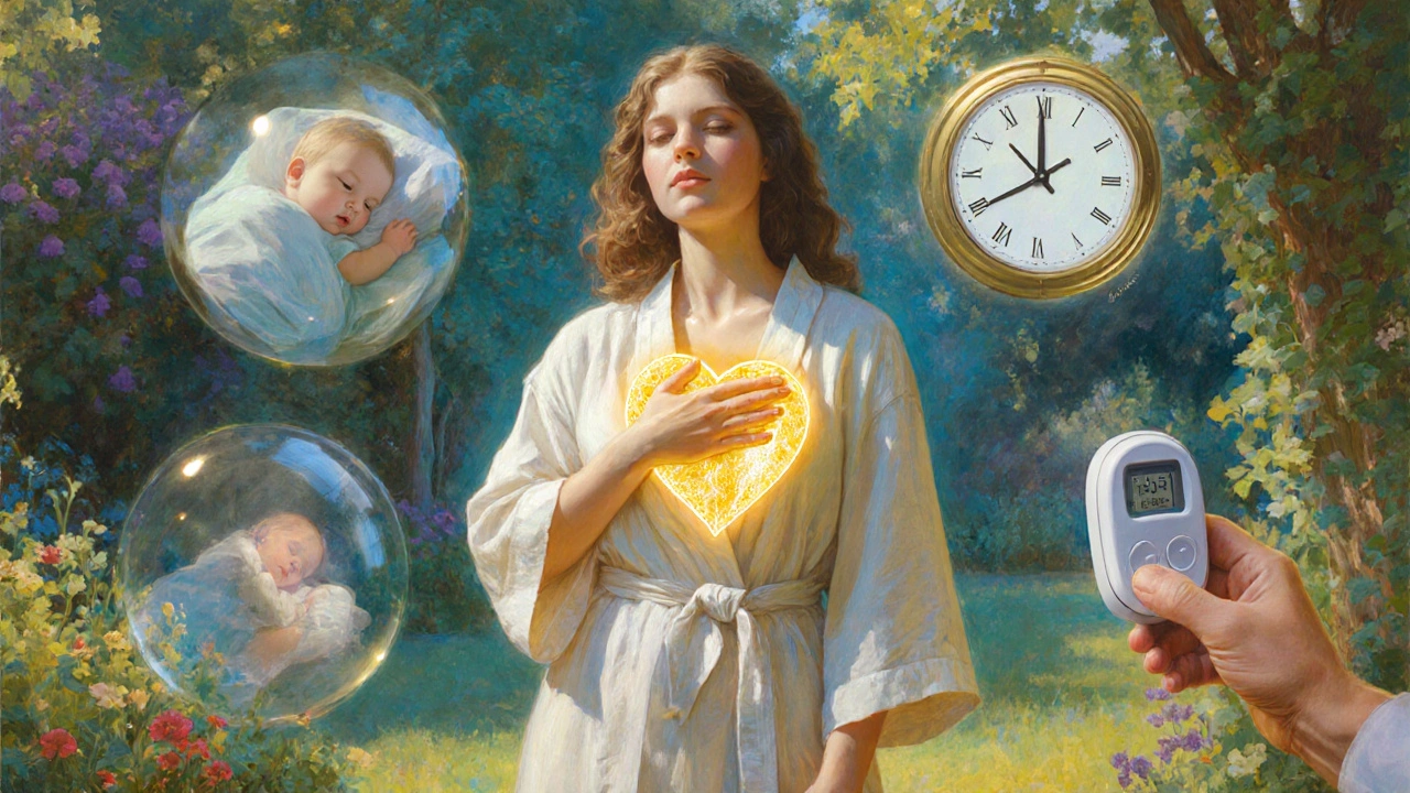 A woman in a garden with a glowing heart and floating anxiety symbols, bathed in golden light.