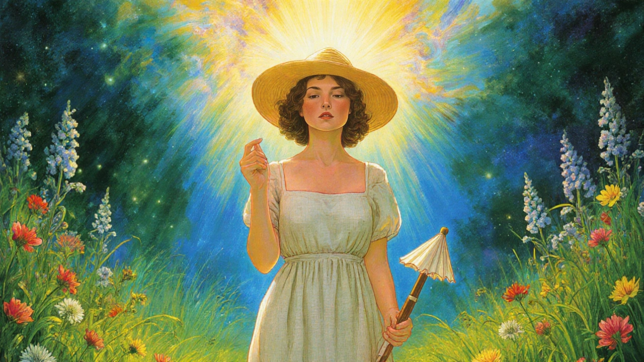 A woman in sun-protective attire standing in a garden, shielded from invisible UV rays.