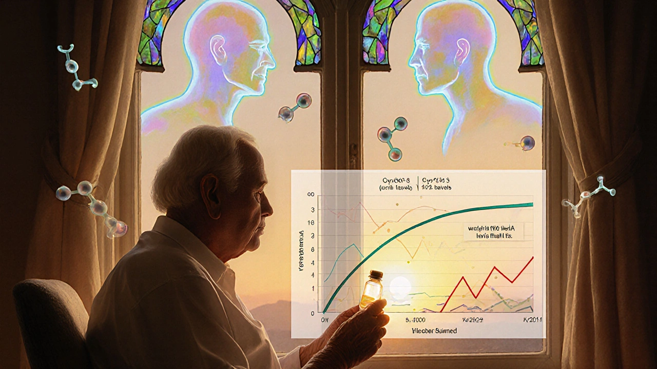 An elderly person by a window with glowing genetic profiles casting prismatic light on a stabilizing INR chart.