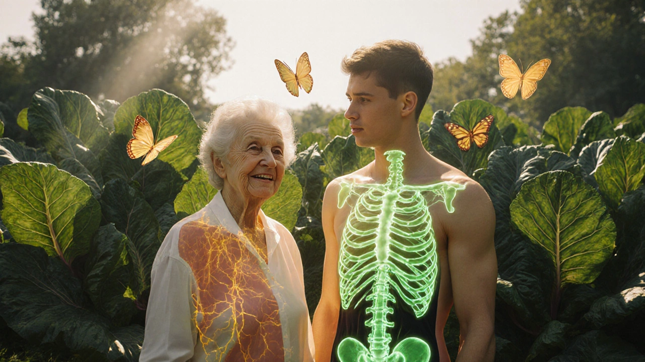 An elderly woman and young athlete stand in a collard garden, their bodies revealing glowing internal health systems.