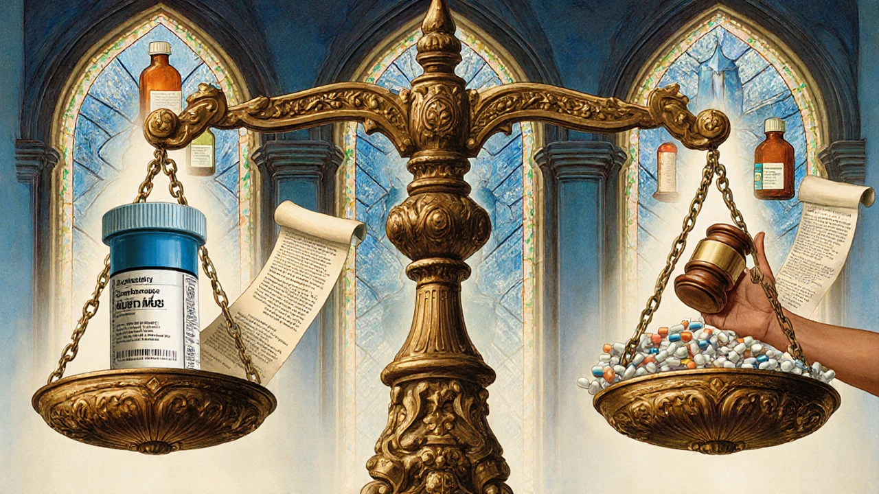 An ornate scale balances one branded pill against many generics, weighed down by lawyers and lifted by AI, FTC, and patient hands.