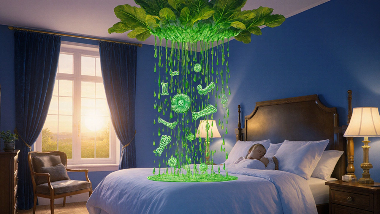 Celestial emerald light flows into a sleeping person, symbolizing reduced inflammation and balanced hormones.