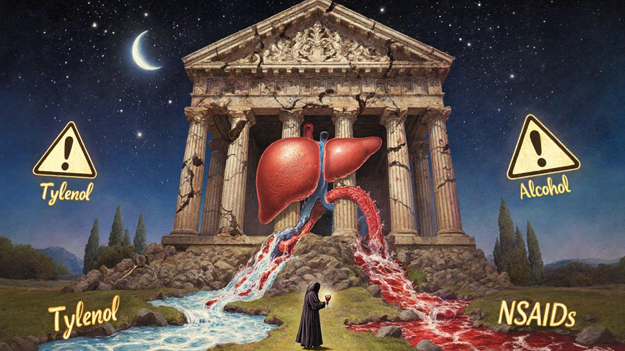 Crumbled liver temple under starry sky with three dangerous streams flowing into it, figure below holding wine glass.