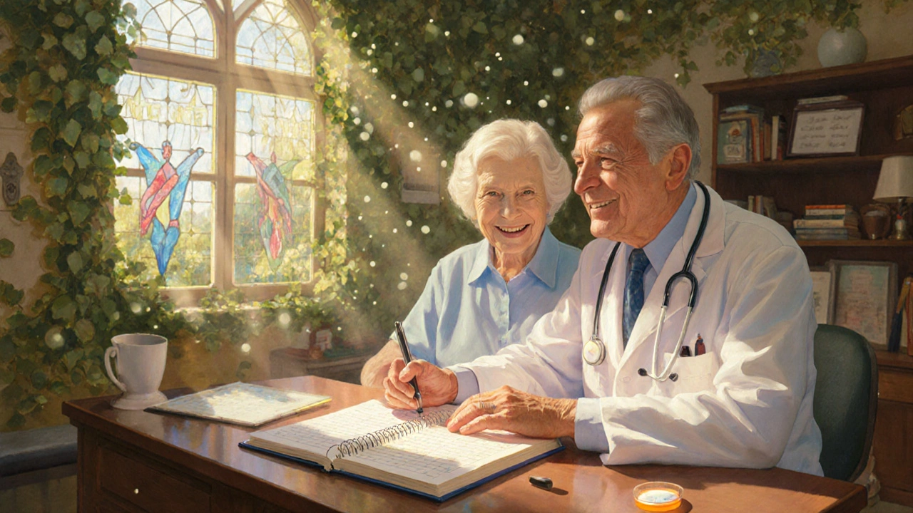 Doctor and patient reviewing health chart in a sunlit clinic with indapamide pill on desk