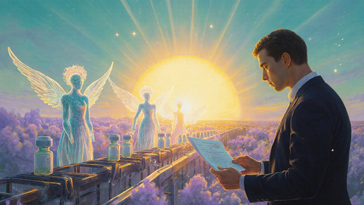 Generic drugs flow toward a sunrise guided by AI spirits, with a small applicant handing a perfect application to an inspector.