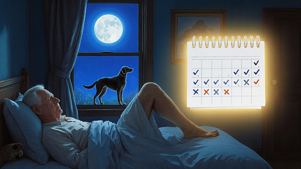 Older man sleeping peacefully at night with elevated legs and medication calendar visible