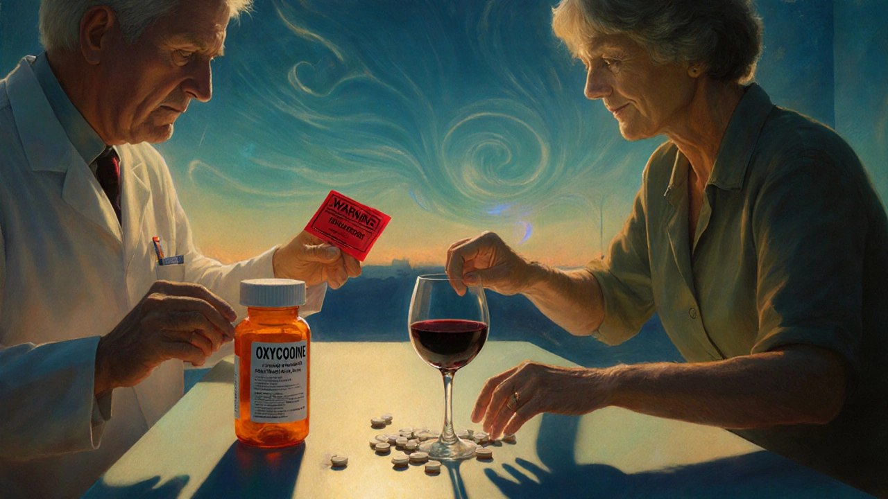Pharmacist applying red warning sticker to opioid prescription as woman reaches for it with wine.