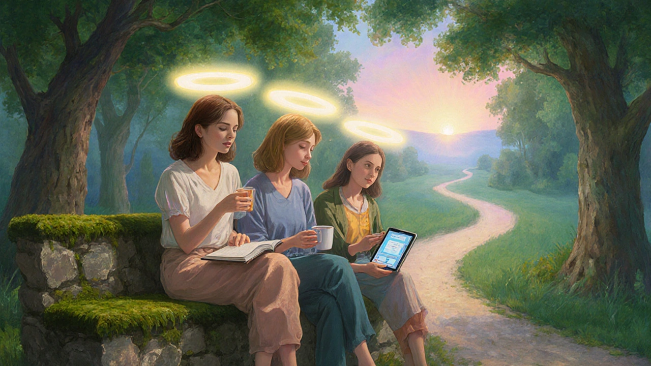 Three mothers on a bench, each holding symbols of healing, with soft halos of peace around them.