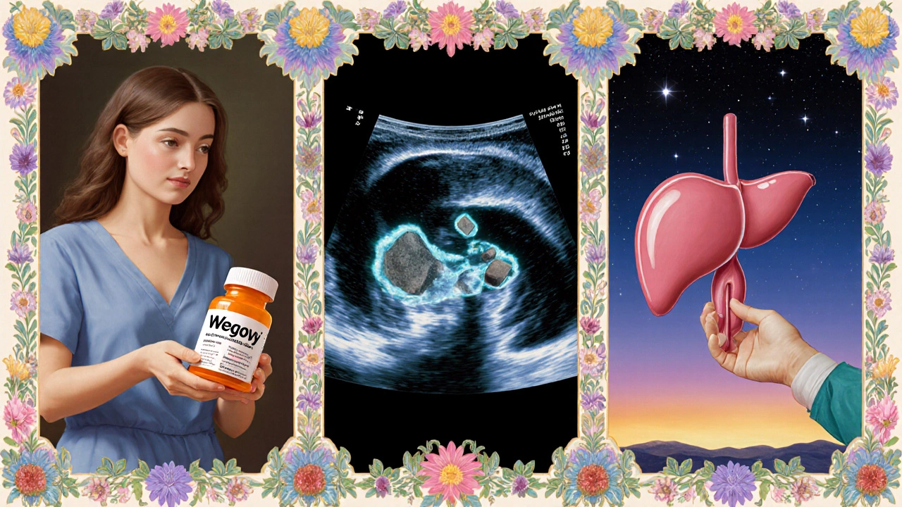 Triptych showing GLP-1 prescription, gallstones on ultrasound, and removed gallbladder at dawn.