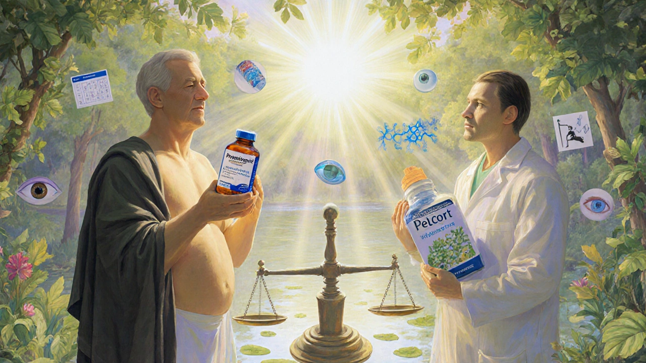 Two figures on a scale: one burdened by weights, the other glowing with light, surrounded by symbolic icons of health trade-offs in a luminous garden.