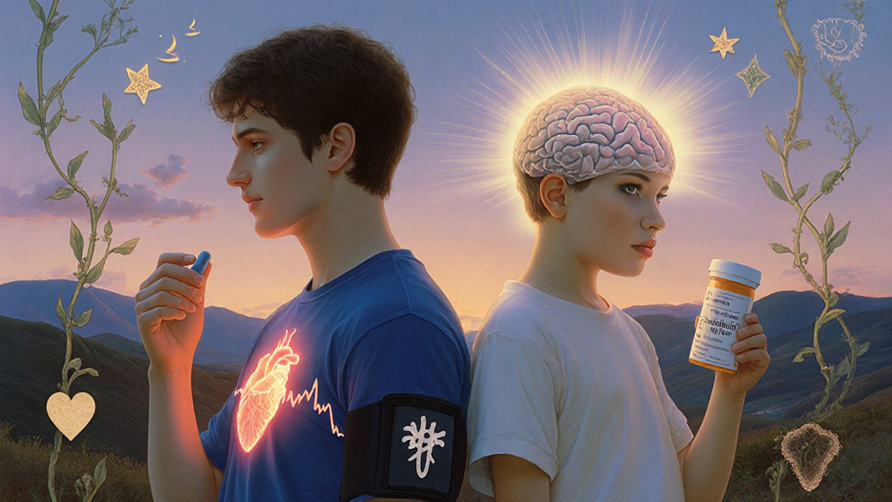 Two figures represent ADHD medication’s effects on heart and brain in a dreamlike landscape.