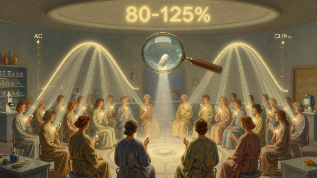 24 peaceful volunteers in a sunlit room, with glowing AUC and Cmax curves above them.