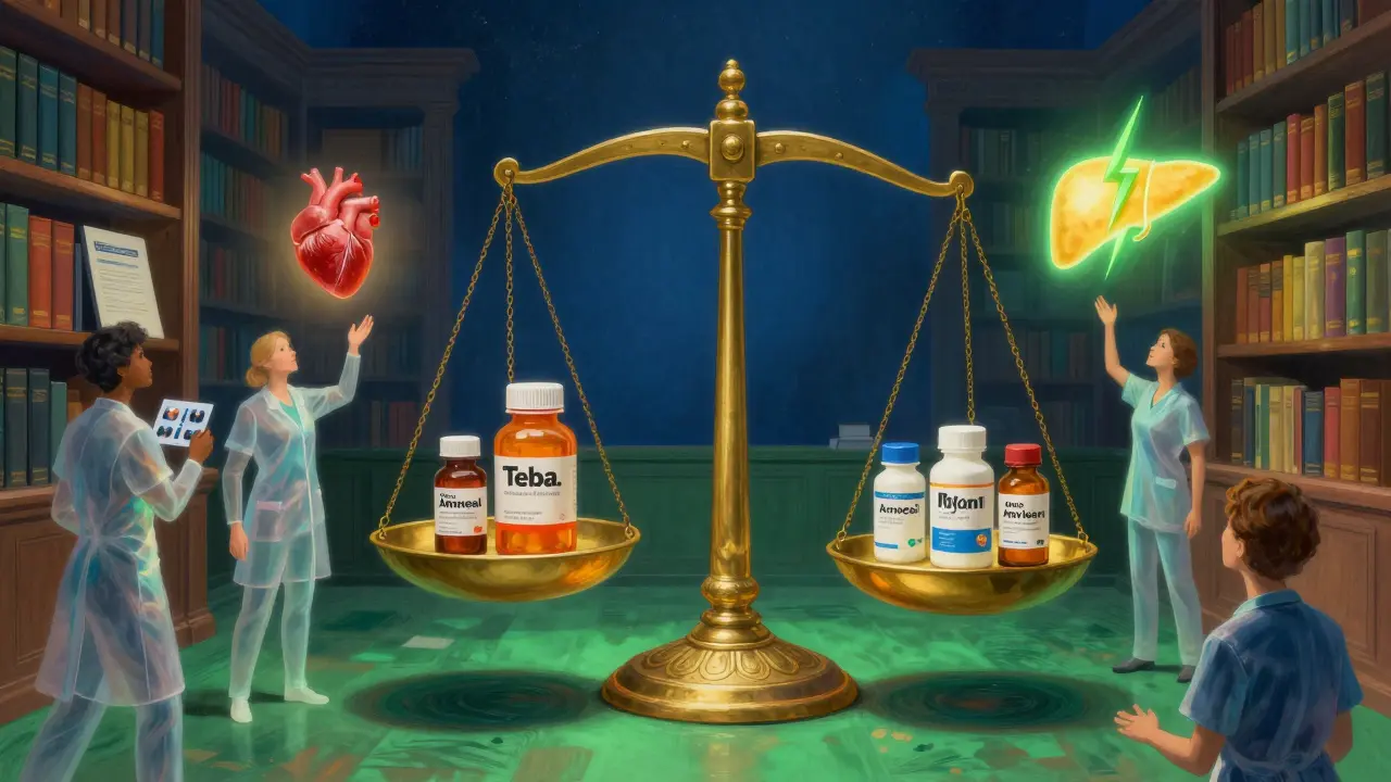 A celestial scale compares brand and generic drug bottles, surrounded by glowing medical symbols and healthcare workers in a luminous library.
