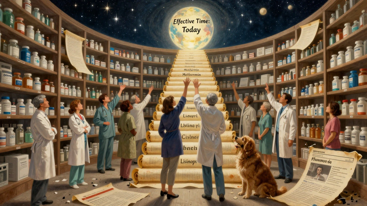 A celestial staircase of drug labels leading to a glowing &#039;Effective Time: Today&#039; orb.