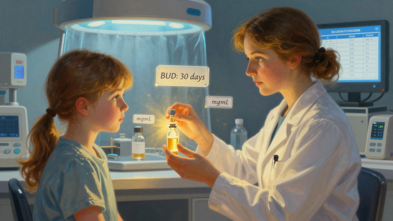 A child receives medication from a pharmacist, surrounded by glowing labels and sterile equipment in a celestial golden glow.