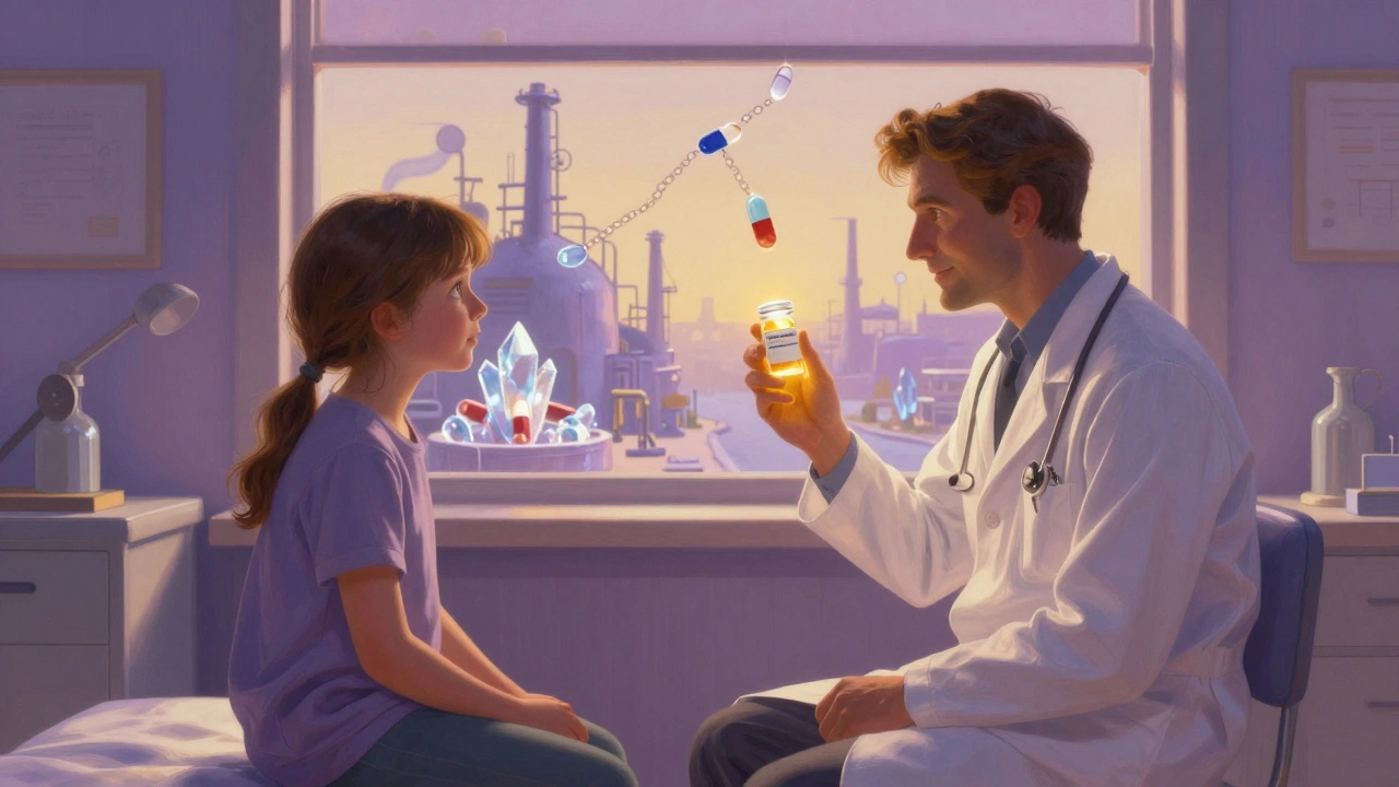 A doctor and patient together in a sunlit room, holding identical pills — one glowing softly, symbolizing equal effectiveness.