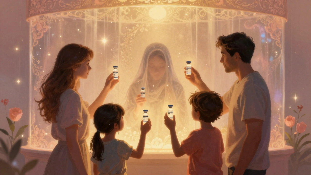 A family holding vaccine lanterns under a protective glow, shielding a vulnerable person with collective immunity.