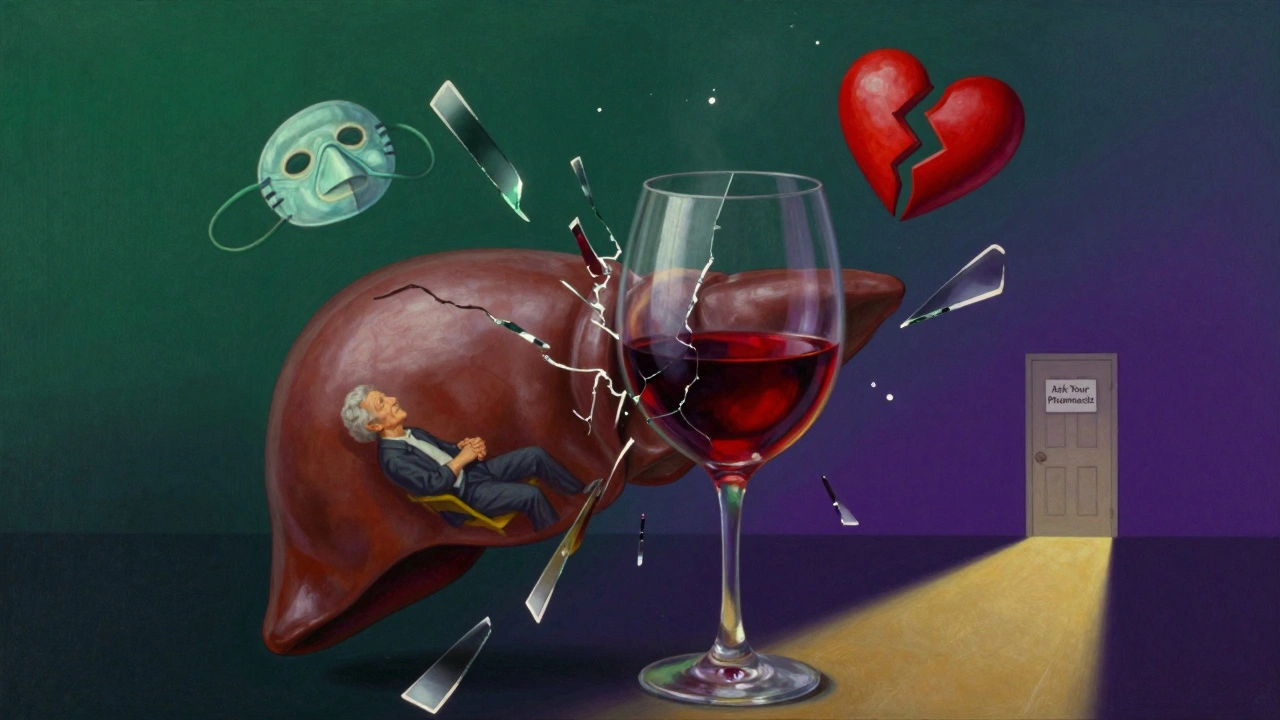 A fractured wine glass hovers above a liver, reflecting deadly consequences, with a golden path to safety.