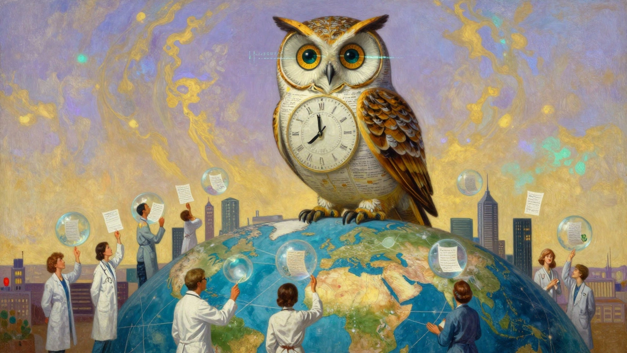 A giant owl watches over a global network of patient reports rising into a shimmering sky.