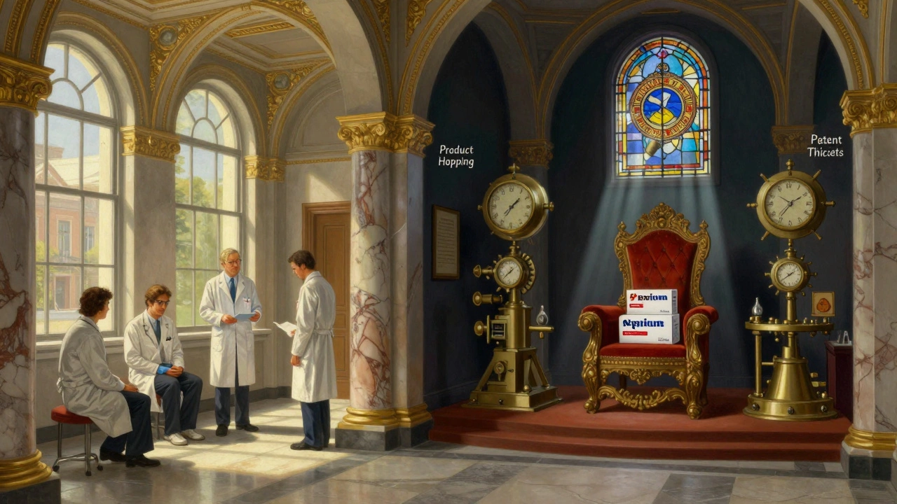 A grand hall contrasts affordable generics in sunlight with corporate monopolies guarded by clockwork delays, under stained-glass FDA light.