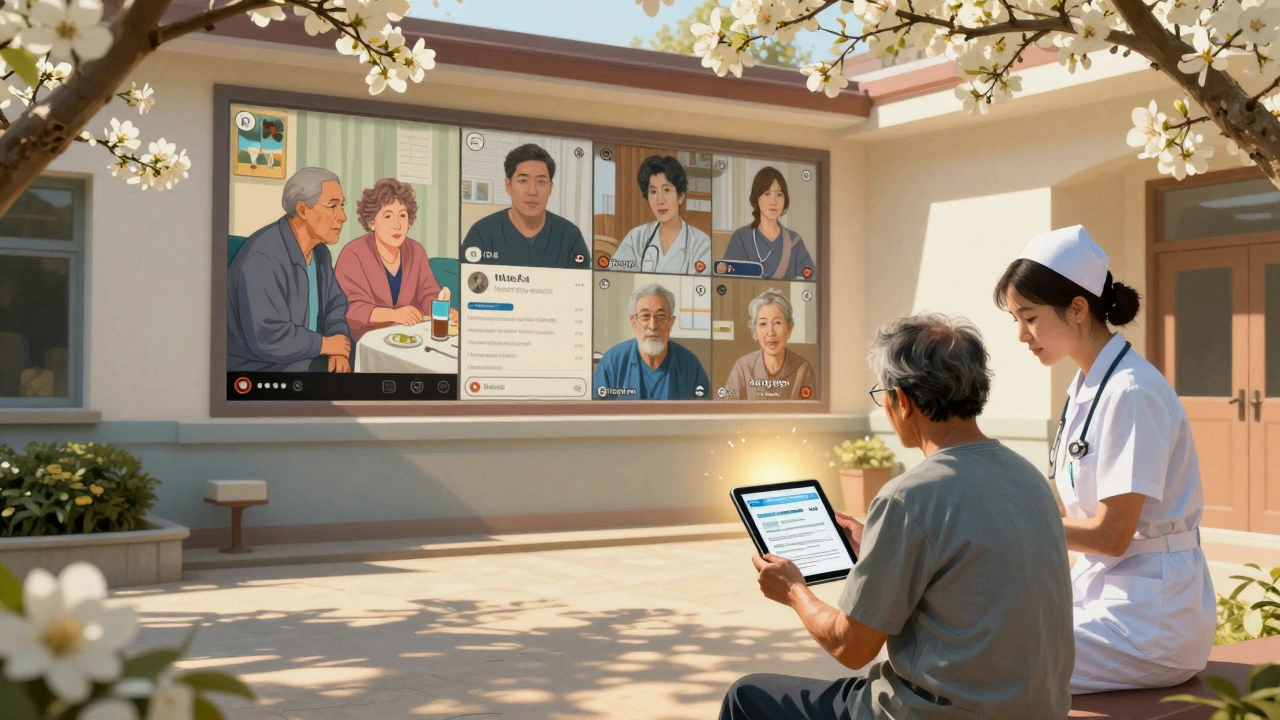 A hospital courtyard features a mural of patient stories, with a nurse and patient reviewing trusted health info in golden hour light.