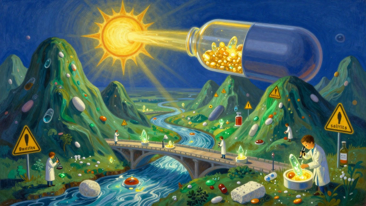 A landscape of pill mountains with medicine rivers and tiny scientists examining glowing excipients.