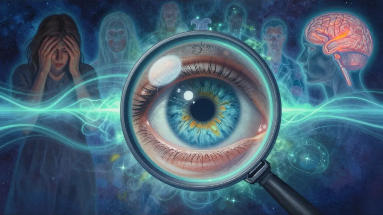 A magnified eye with swirling blue-green light waves being filtered by an ornate lens, surrounded by faint silhouettes of neurological and eye conditions.