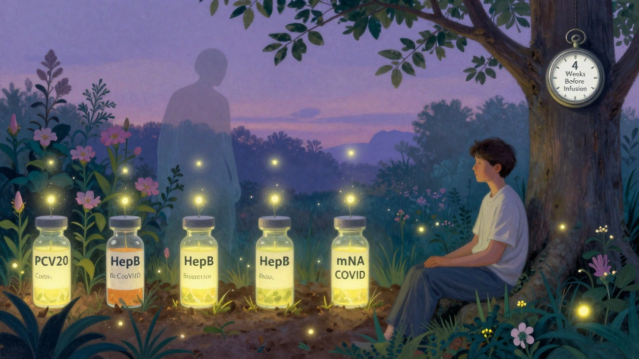 A patient in a garden as glowing B-cells rise like fireflies, with vaccine symbols blooming and rituximab fading in the background.