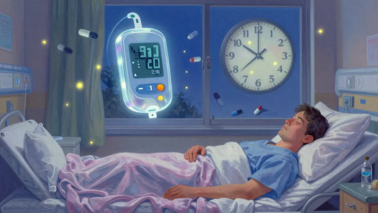 A patient in a hospital room with a floating glucose monitor displaying rising numbers under twilight lighting.