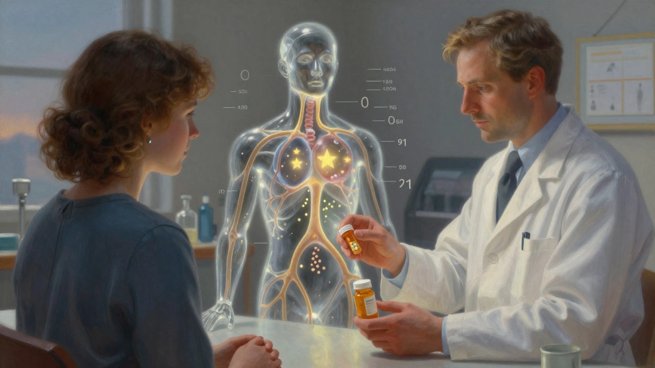 A patient receiving pills while opioid receptors dim inside a transparent body.