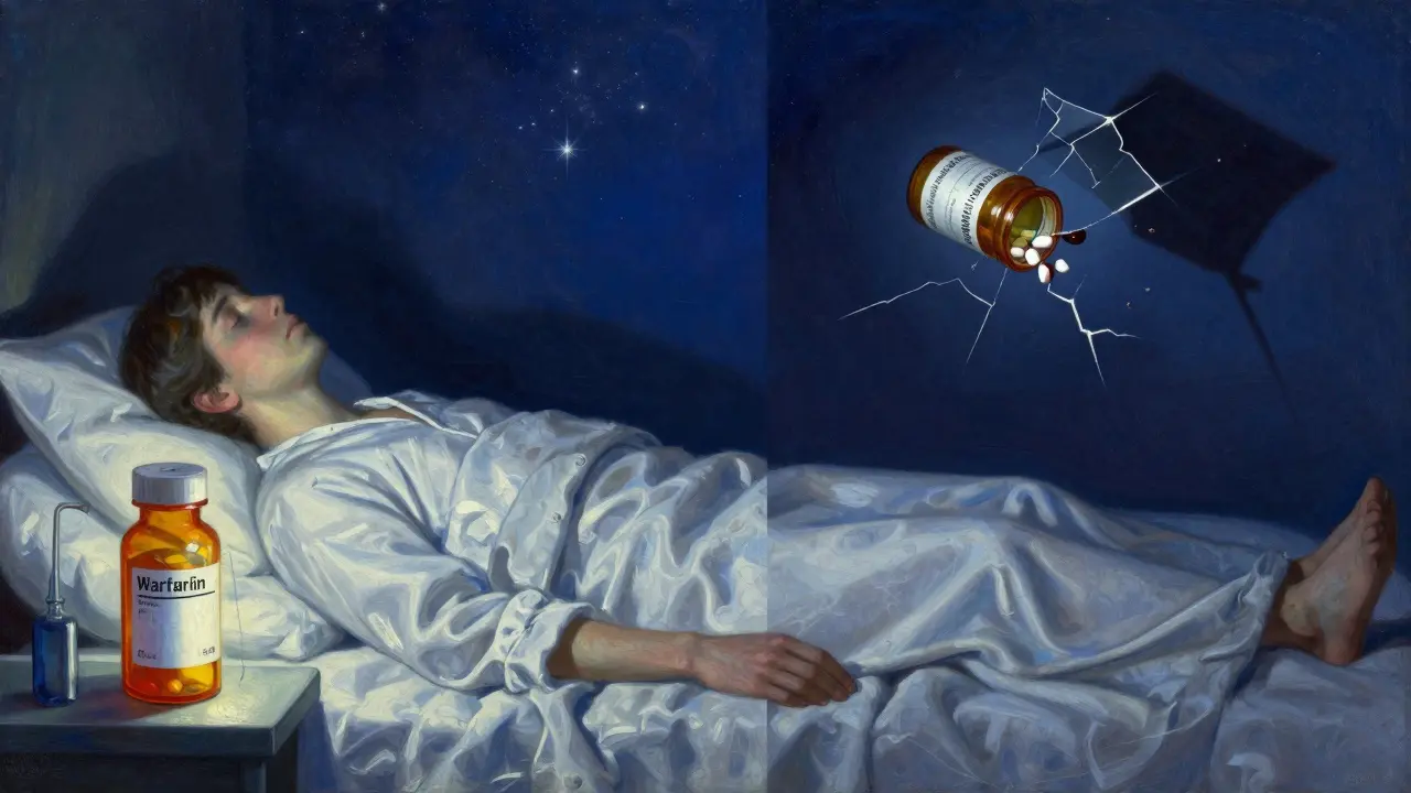 A patient sleeps peacefully beside a glowing brand blood thinner, while a fractured generic pill casts dark shadows.