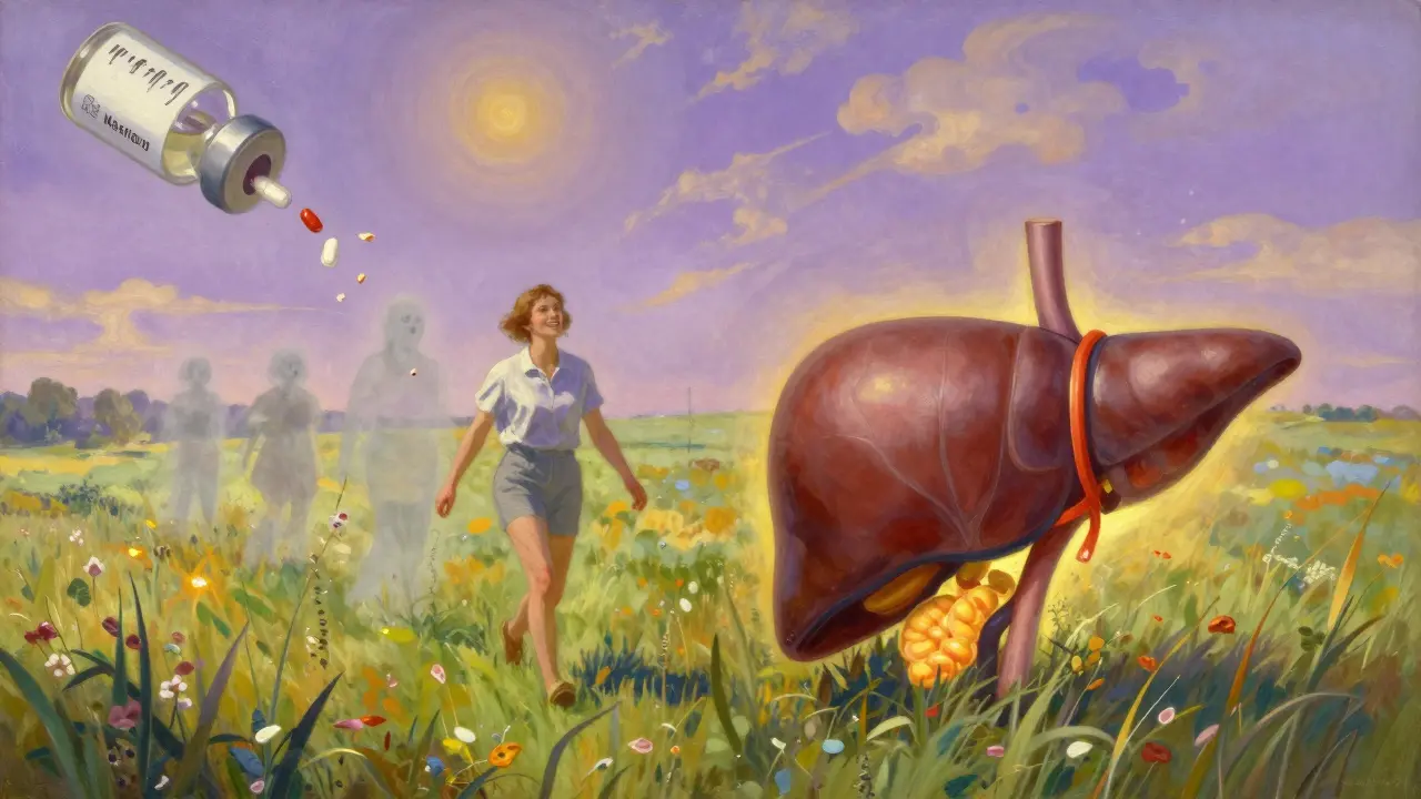 A patient walking in a sunlit meadow as steroid effects fade, symbolizing recovery from steroid-induced diabetes.