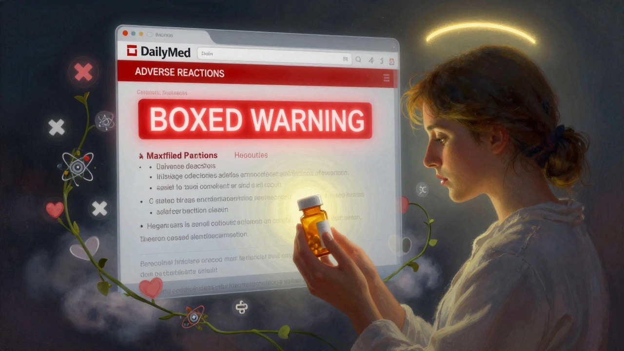 A patient with a pill bottle surrounded by a glowing DailyMed adverse reactions section.