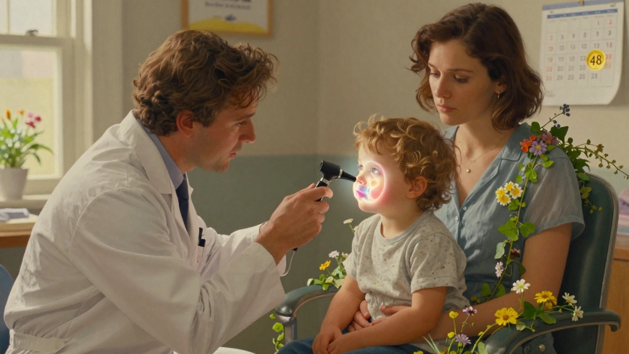 A pediatrician examining a toddler’s ear with a glowing otoscope, sunlight streaming through a cozy clinic window.