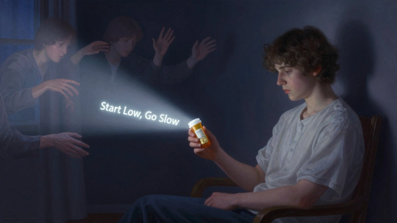 A person holding an empty bottle with ghostly past selves behind them, lit by a safety message.