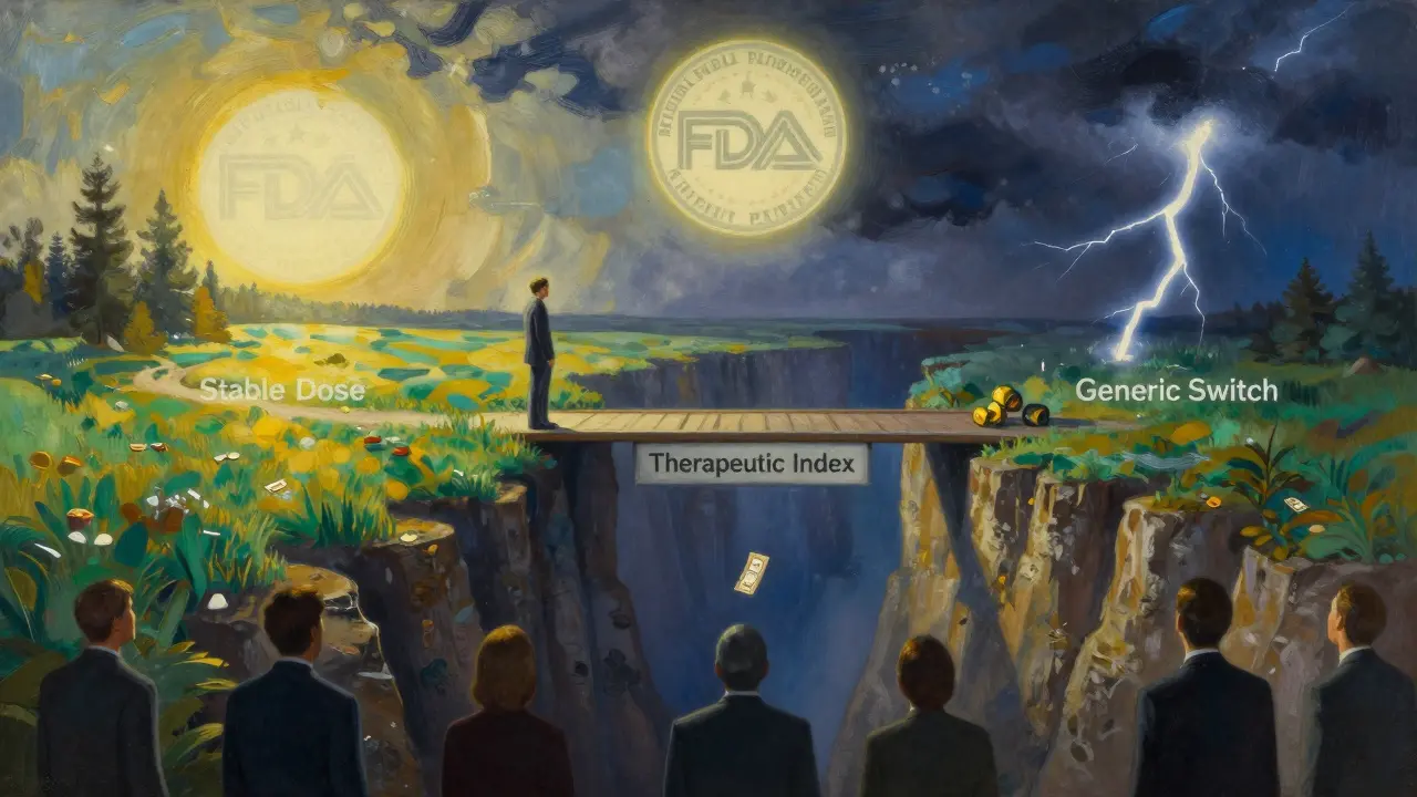 A person stands on a bridge between stability and danger, with corporate figures below and a glowing FDA seal above.