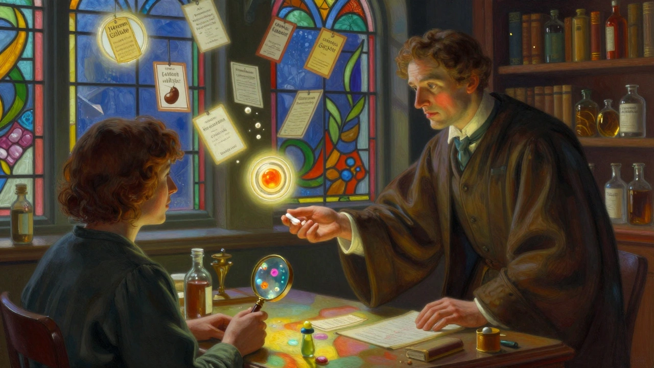 A pharmacist handing a pill as floating ingredient labels cast colored light in a surreal library.