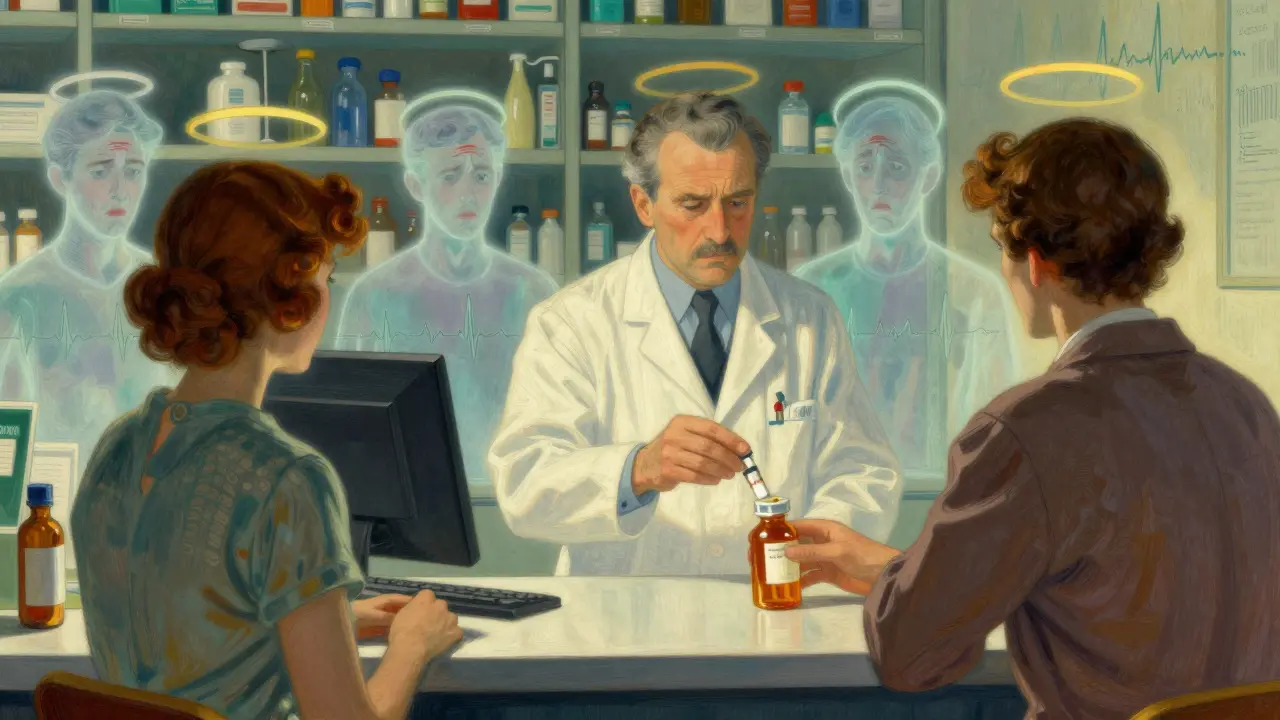 A pharmacist hands a prescription as ghostly symptoms of side effects hover behind in a sunlit pharmacy.