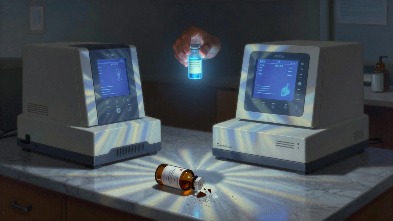 A pharmacist holds a glowing vial as scientific instruments illuminate the counter, with a mislabeled bottle disintegrating nearby.