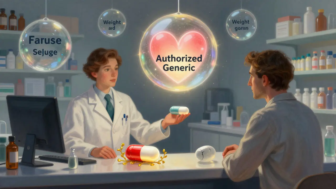 A pharmacist offers two pills at a counter, one radiant and perfect, the other flawed, with floating orbs representing patient experiences.